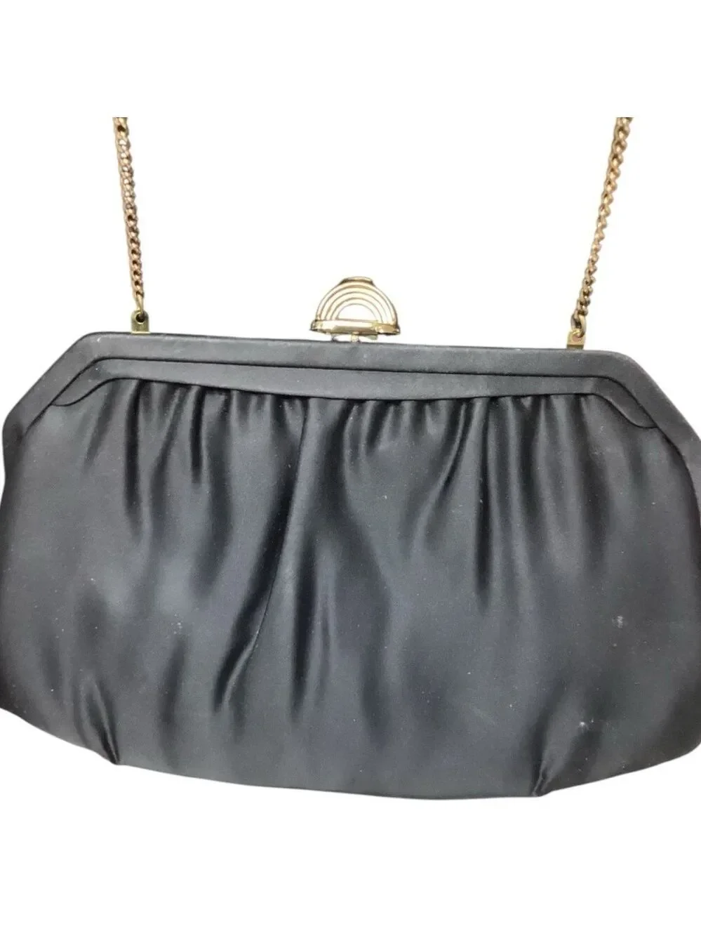 Vintage Black Satin  Mardane Md USA Purse Evening Bag Chain Strap & mirror